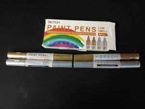 lot 10043 image: Betem Oil Based Paint Markers, Dual Tip Paint Pens(0.7mm & 3mm), Gold Silver Permanent Paint Marker Pen, Waterproof, Quick Dry, for Fabric, Rock Painting, Wood, Plastic, Metal, Canvas (2Gold2Silver)