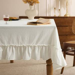 lot 10090 image: Romanstile Ruffle Rectangle Tablecloth - 60 x 120 Inch Farmhouse Vintage Washable Cotton Decorative Table Cloth with Flounces Trim for Dinner, Party, and Outdoor, White