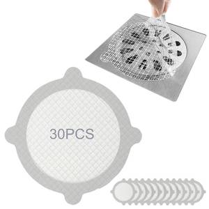 lot 10095 image: 30 Pack Disposable Shower Drain Hair Catcher, Round 4-Ear Glass Fiber Stickers, 3.93In Mesh for Bathroom Tub Kitchen, Hair Trap Sticker to Prevent Clogs