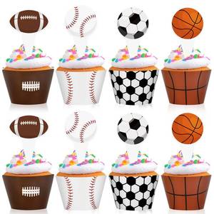 lot 12287 image: Hooqict 48 Pack Sports Cupcake Toppers and Wrappers Football Basketball Baseball Soccer Cupcake Topper Decorations Cupcake Picks for Boys Sports Theme Birthday Party Decorations