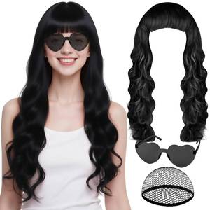 lot 12299 image: PLULON Sky Blue Neon Wave Wig with Heart Sunglasses for Women, Colorful Funny Long Wavy Wigs with Bangs Synthetic Curly Hair for Birthday Music Festival Princess Themed Party Nightclub Photography