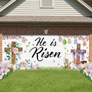 lot 12310 image: WovWeave Easter Garage Door Banner 6.6 x 16.4 ft He is Risen Garage Outdoor Wall Cover Decorations Religious Hanging Backdrop Banner for Spring Easter Mural Christian Party Background (Cute)
