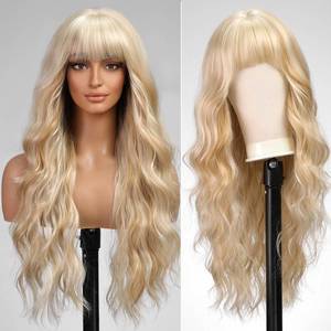 lot 12326 image: KOME Light Blonde Wigs with Bangs,613 Blonde mixed Long Wavy Wig for Women,Long Curly Synthetic Hair Wig for Party Daily Use 26IN��