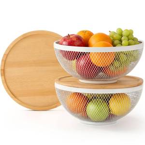 lot 13802 image: Yiyiring 2 Pack Mesh Fruit Basket with Lids 9.8 Stackable Baskets with Bamboo Lid Fruits Holder for Kitchen Countertop Fruit Bowl with Lid Versatile Produce Storage(Black)