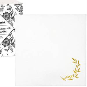 lot 14448 image: JoyfulArtink 50 Linen-Feel Gold Foil Cocktail Paper Napkins, White and Gold Disposable Cloth-Like Beverage Napkin for Wedding, Anniversary, Birthday Party (5x5 Fold, Pack of 50)
