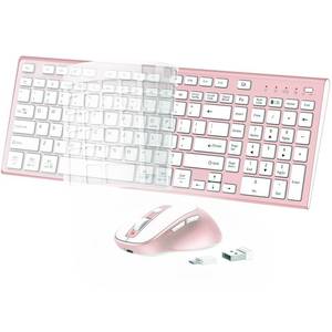 FENIFOX Wireless Keyboard and Mouse, Rechargeable USB C Combo Silent Quiet Compact Full Size Flat with Number Pad Soft Cover for Mac MacBook iMac Windows PC Laptop Computer Office - Pink & Rose Gold