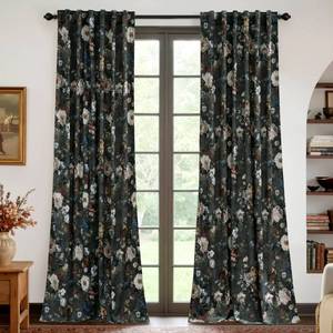 lot 19806 image: RYB HOME Green Velvet Curtains 96 inches Long, Printed Floral Vintage Design Home Decoration Super Soft Privacy Protect Drapes for Bedroom Living Room, W50 x L96 inches, 2 Panels