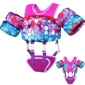 lot 19809 image: Vvinca Toddler Swim Vest for Kids 22-66 lbs, Comfort Toddlers Pool Floaties Jacket for Boys Girls, Puddle Kid Jumper Adjustable Crotch Sleeves Shoulder Fit for Age 2-6 Learn to Swimming, Mermaid Scale
