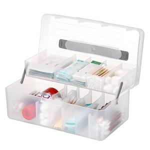 lot 19815 image: JUXYES 2-Tiers Bandages Carry Storage Box With Handle Lid - Transparent Portable Bandages Storage Bin With Lifting Divided Tray - Plastic Storage Container for School, Office, Travel Use Supplies