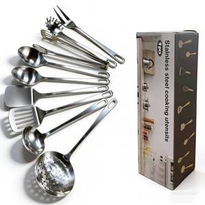 lot 19819 image: 9 Pcs Cooking Utensils Set, Stainless Steel Kitchen Utensils, Heat Resistant Metal Kitchen Tools Include Solid & Slotted Turner Wok Spatula, Serving Spoon, Ladle, Pasta Server, Meat Fork, Tongs Silver