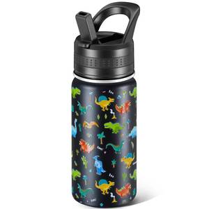 lot 19833 image: 14 Oz Kids Water Bottle, Stainless Steel Water Bottle with Straws, Leak-Proof, BPA-Free, Insulated Water Bottles for School Boys & GirlsBlack Dinosaur (Dented at Bottom)