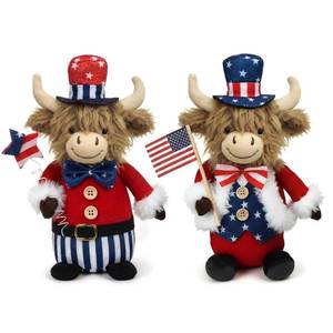 lot 19834 image: JolliLudo 2 Pcs 4th of July Highland Cow Stuffed Animal America Anniversary Decor USA Patriotic Freedom Theme Scottish Highland Cow Plush Red White and Blue Farm Animal Cattle Plush Decor Gifts