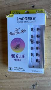 lot 20161 image: Kiss Impress Falsies Press On Self Adhesive Eyelashes, 12mm-14mm Natural Volume Press On Lashes, Black, No Glue Needed, Invisible Band, 12 Lash Clusters - Authentic