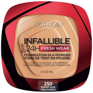 lot 20182 image: LOreal Paris Makeup Infallible Fresh Wear Foundation in a Powder, Up to 24H Wear, Waterproof, Radiant Sand, 0.31 oz. (Packaging May Vary)