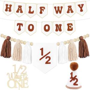 lot 20216 image: 12 Birthday Brown Half Birthday Decorations - White Brown Its My 12 Birth Banner Glitter Cake Topper Tassel Wood Bead High Chair Banner & Cone, Hat Halfway to One Party Supplies