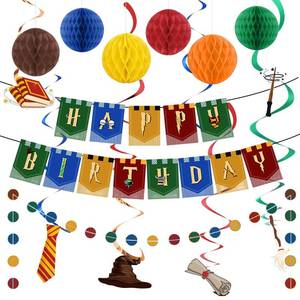 lot 20219 image: Birthday Party Decorations Magic Happy Birthday Party Decorations Magic Theme Party Supplies - Happy Birthday Banner - Hanging Swirl Streamers - Circle Dots Garland - Honeycomb Balls