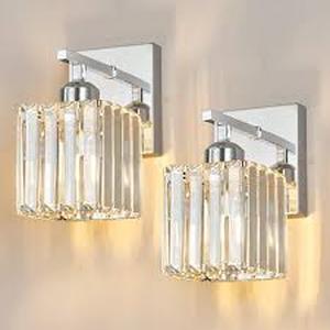 lot 1792 image: FDPBY Modern Wall Sconce Set of Two Indoor Wall Lamp Chrome Wall Sconces Crystal Wall Light Bathroom Vanity Light Fixtures Wall Mounted Room Sconce Wall Lighting