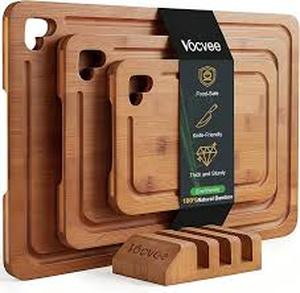 lot 1809 image: Vocvee Bamboo Cutting Boards for Kitchen(Set of 3), Wood Cutting Board with Wood Storage Stand, Charcuterie & Chopping Board for Vegetables and Meat, with Deep Juice Groove, Ideal Kitchen Gifts