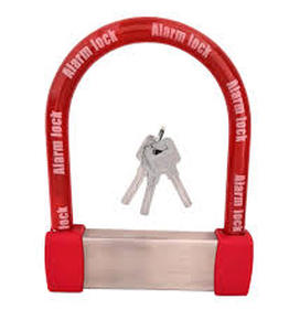 lot 2346 image: EnzZone Bike Lock Heavy Duty Anti Theft Alarm Bike U Lock, High Pitched Audible Alarm, Bicycle, Fits Fat Tire E-Bikes 20x4 Wheels Scooters Motorcycles,16mm Stainless Steel Weather Proof 3 Keys (Red)