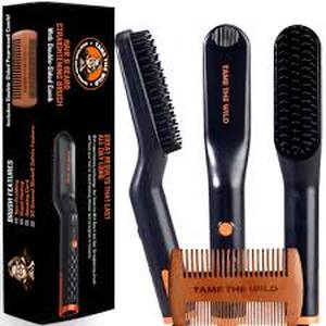 lot 2349 image: TAME The Wild Beard Brush and Beard Straightener for Men - Ionic Heated Comb with 3 Adjustable Temps - Wooden Beard Comb for Grooming - Anti-Scald Safety - for All Hair Types