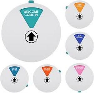 lot 2353 image: Rotating Office Door Sign - Working Remotely, Out of Office, Do Not Disturb, Welcome Come In,Back Soon��in a Meeting 6 Inch Silver Privacy Indicator