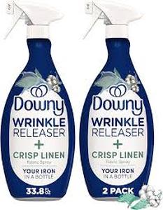 lot 3430 image: Downy Wrinkle Releaser Spray, All In One Formula, Removes Wrinkles, Static and Odor Eliminator, Crisp Linen Scent, 33.8 Fl Oz, Pack of 2 (Packaging May Vary)