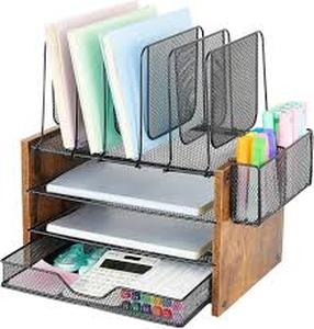 lot 3451 image: OPNICE Desk Organizer, 4-Tier Desktop File Organizer with Drawer and 2 Pen Holders, Office Desk Accessories, Workspace Organizers for Office Supplies(Brown Wood)