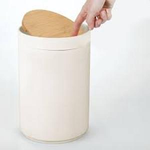 lot 3460 image: mDesign Plastic Round Trash Can Small Wastebasket - Garbage Bin Container with Swing-Close Lid - Bathroom Garbage Basket - Holds Waste, Recycling - 1.3 Gallon - Basa Collection - CreamBeigeNatural