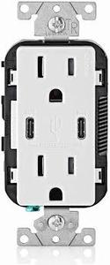 lot 4047 image: Leviton 30W (6A) USB Dual Type-CC Power Delivery In-Wall Charger with 15A Tamper-Resistant Outlet, USB Charger for Smartphones, Tablets, Laptops, T5635-W, White