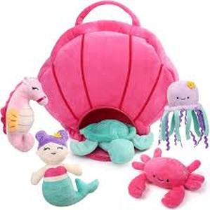 lot 4066 image: BenBen Ocean Stuffed Animal, 5 Pack Small Sea Creature Plush Toys and Shell Carrying Bag Set, Cute Plushies for Baby Kids, Sea Turtle, Octopus, Mermaid, Seahorse, Crab, Baby Shower, Stocking Stuffers