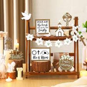 lot 4072 image: FairySandy 15 Piece Easter Tiered Tray Decor Set He is Risen Jesus Wood Sign Farmhouse Rustic Religious Tiered Tray Ornament Wood Table Centerpieces with Christian Cross Sign Easter Decor