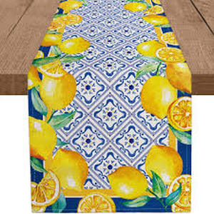 lot 4097 image: WHOMEAF Capri Blue Lemon Table Runner Italy Tile Burlap Artificial Yellow Lemon Fruit Table Runners Farmhouse Coffee Table Center Decor for Home Kitchen Dining Party Patio Indoor Outdoor 13x72 Inch