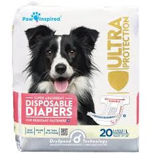 lot 6276 image: Paw Inspired 20ct Disposable Dog Diapers  Female Dog Diapers Ultra Protection  Diapers for Dogs in Heat, Excitable Urination, or Incontinence (Large)
