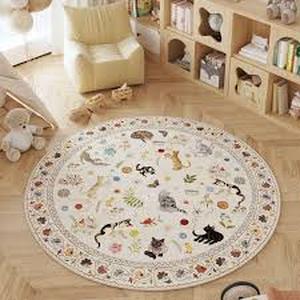 lot 6282 image: Rugcomf Round Rug 4ft Washable Circle Rug Non Slip Low Pile Boho Floral Animal Cat Small Circular Rug for Bedroom Bathroom Entryway Kids Room Office College Dorm, Beige