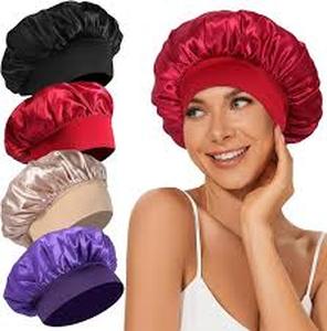 lot 6285 image: A4Pcs Satin Bonnet Silk Bonnet, Hair Bonnet for Sleeping, Elastic Wide Band Silk Sleep Cap, Soft and Breathable (Black Red Purple Gold)