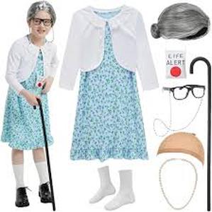 lot 6287 image: Z-Shop Old Lady Costume for Girls 100th Day of School Costume Grandma Granny Dress with Wig for Kids,4