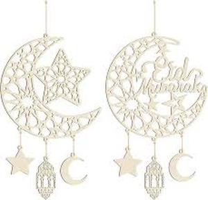 lot 6305 image: 2 Pieces Eid Mubarak Door Sign Wooden Hanging Signs, Ramadan Kareem Hollow Ornament Decorations Moon and Stars, Moon Shape Ramadan Mubarak Party Wood Wall Hanger for Islamic Muslim Home Decor