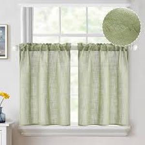 lot 6318 image: MIULEE Spring Linen Textured Kitchen Curtains 30 Inch Length Semi Sheer Light Filtering Farmhouse Half Window Curtains for Bathroom Basement, Short Rod Pocket Tier Curtains 2 Panels W26XL30 Sage Green