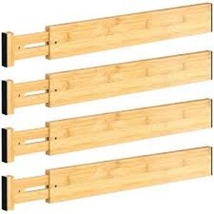 lot 6346 image: Lzerking Kitchen Drawer Dividers 4 Pack, Adjustable Bamboo Drawer Organizer, 17-22 Expandable Utensil Organizer for Kitchen, Dresser, Closet, Bedroom, Bathroom