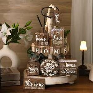 lot 6354 image: 11 Pcs Home Tiered Tray Decor Sweet Home Rustic Farmhouse Tiered Tray Decorations Set Spring Wooden Signs Vintage Farm Animal Farmhouse Tabletop Wood Signs for Kitchen Table Shelf Decor
