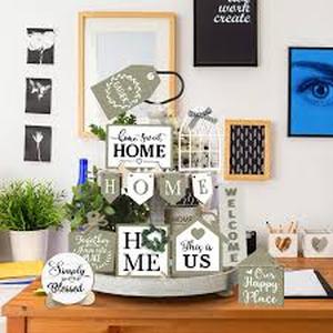 lot 6357 image: Purpeak 13 Home Tiered Tray Decor This is us Rustic Farmhouse Tiered Tray Decorations Set Home Wooden Signs Vintage Farm Animal Farmhouse Tabletop Wood Signs for Kitchen Table Shelf Decor