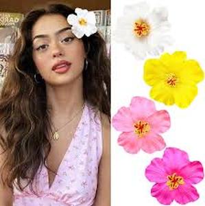 lot 6358 image: 4 PCS Hawaiian Flower Hair Clips for Women Plumeria Hibiscus Hair Clips Artificial Flower Hair Barrettes for Vacation Beach Party��RedYellowBluePink��