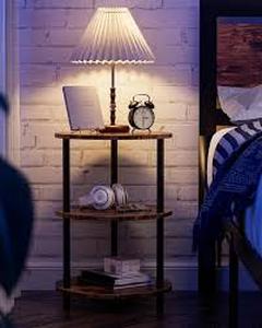 lot 9433 image: XBurmo Small Round End Table - 3 Tier Design Accent Table, Narrow Side or Bedside Stand, Industrial Vintage Nightstand for Bedroom, Living Room, or Small Spaces, Set of 2, Rustic Brown