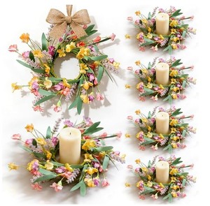 lot 11895 image: 6 Pcs Mini Yellow Flowers Wreaths for Candle Ring Artificial Spring Small Candle Holder Wreaths with Pink Floral and Purple Lavender for Home Kitchen Front Door Farmhouse Porch Wall Table Centerpiece