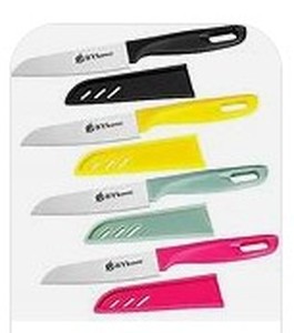 lot 12182 image: BYkooc 8 pieces Paring Knives (4PCS Peeling Knives and 4PCS Knife Sheath), Ultra Sharp Vegetable and Fruit Knife,German Steel Small Kitchen Knife with PP Plastic Ergonomic Handle (Missing One)