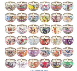 lot 6332 image: YOROXRG Scented Candles 36 Pack Soy Wax Travel Tin Jar Candles for Home 2.5 OZ Scented Candles for Mom for Christmas, Birthday, Thanksgiving, Mothers Day One of the candles missing A Lid