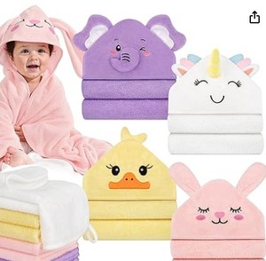 lot 6342 image: CandyHome 12 PCS Baby Bath Towels for Infants Toddlers, 4 PCS Animal Hooded Baby Towels & 8 PCS Washcloths Set, Ultra Absorbent Soft Cute Newborn Bath Essential Gifts for Boys & Girls
