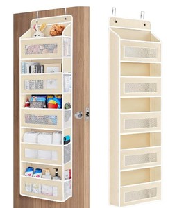 lot 11877 image: JARLINK Over The Door Organizer Storage, 5 Shelf Hanging Door Organizer with 5 Large Capacity Pockets, Anti Tilt 44 lb Load Behind Door Storage for Bedroom, Bathroom, Pantry, Nursery, (Beige)