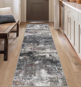 lot 12197 image: 2x8 Washable Hallway Runner Rug �� Non-Slip Modern Abstract Neutral Low-Pile Stain-Resistant Carpet Runner for Kitchen Entryway Bedroom Bathroom (Black Grey,2x8)