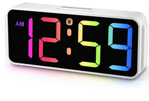 lot 12201 image: Peakeep Small Digital Alarm Clock Plug in for Kids Bedroom Bedside Nightstand, 8 RGB Colors Large Display Dimmable 6 Brightness, Corded Electric Battery Backup (White - RGB)